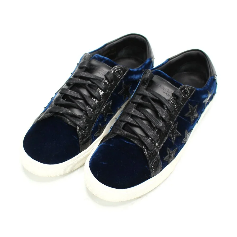 Saint Laurent Court Blue Velvet Black Leather Star Low Top Sneakers 38.5 YSL